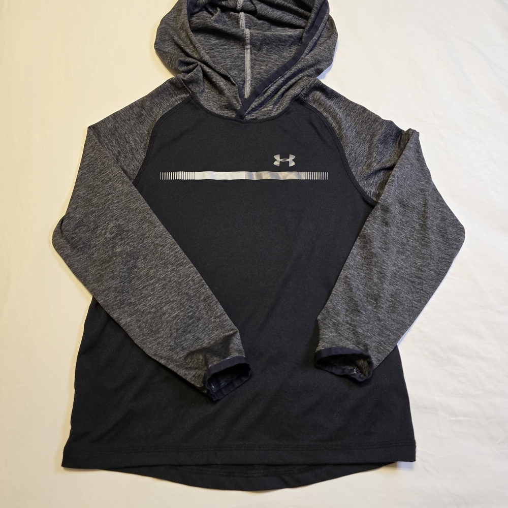 Under Armour Boys HeatGear Hoodie Black Grey Reflective Logo YSM Small Raglan